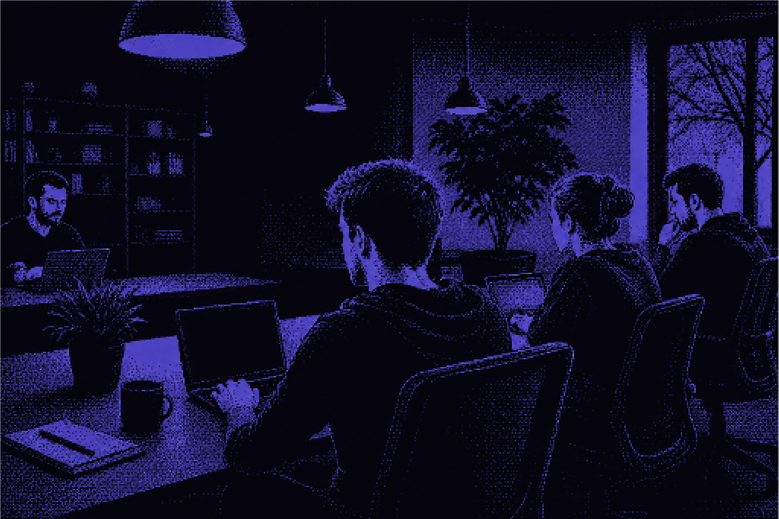 Developers working together in a dev shop, coding on multiple screens