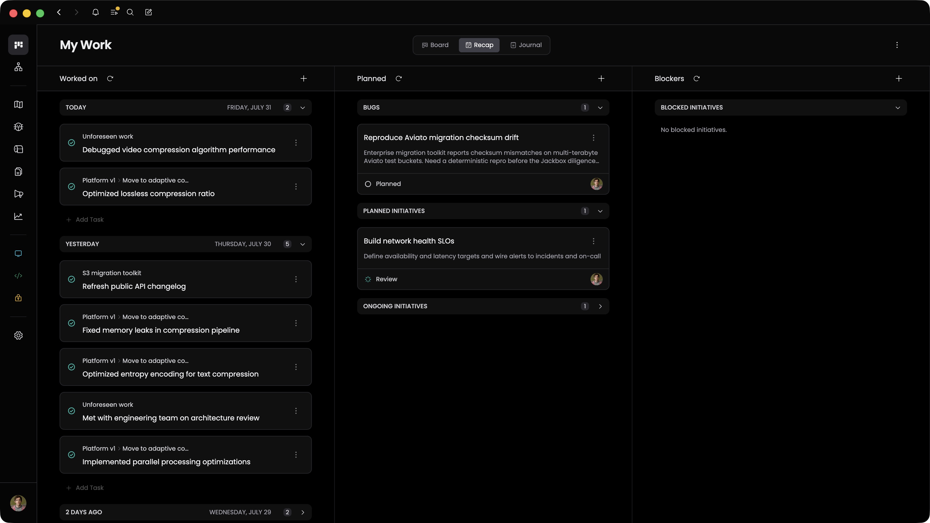 One Horizon daily recap with completed, planned, and blocked work