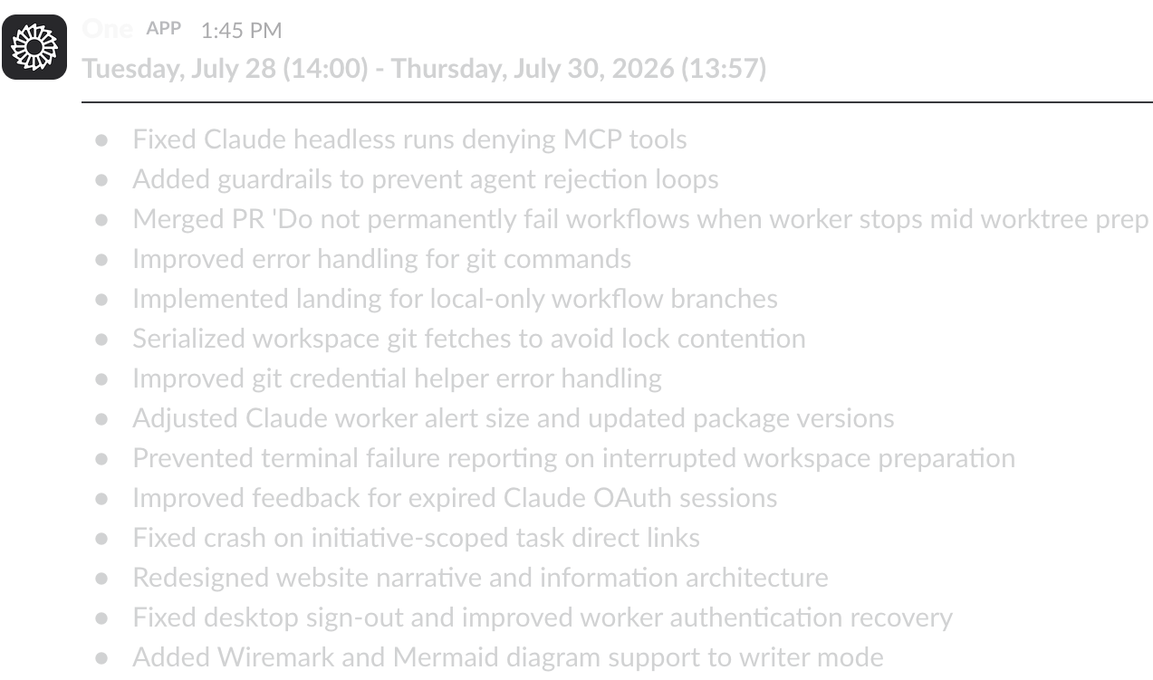 Scheduled progress update sent to a stakeholder through Slack