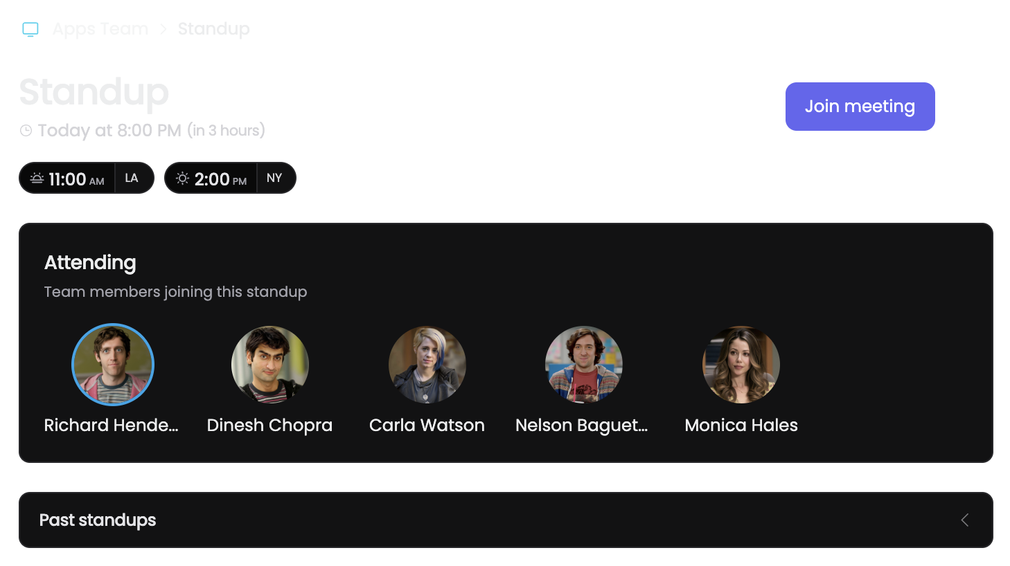A scheduled One Horizon standup with attendees and current work