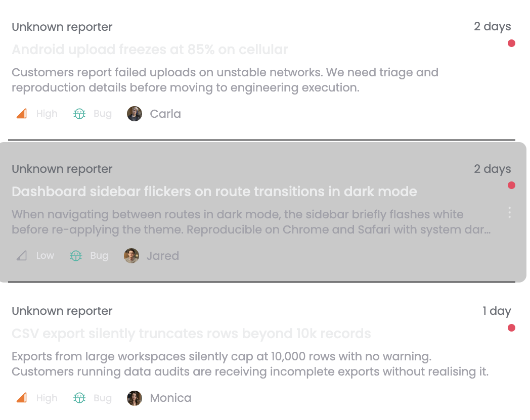Incoming bug report with urgency, type, owner, and source context