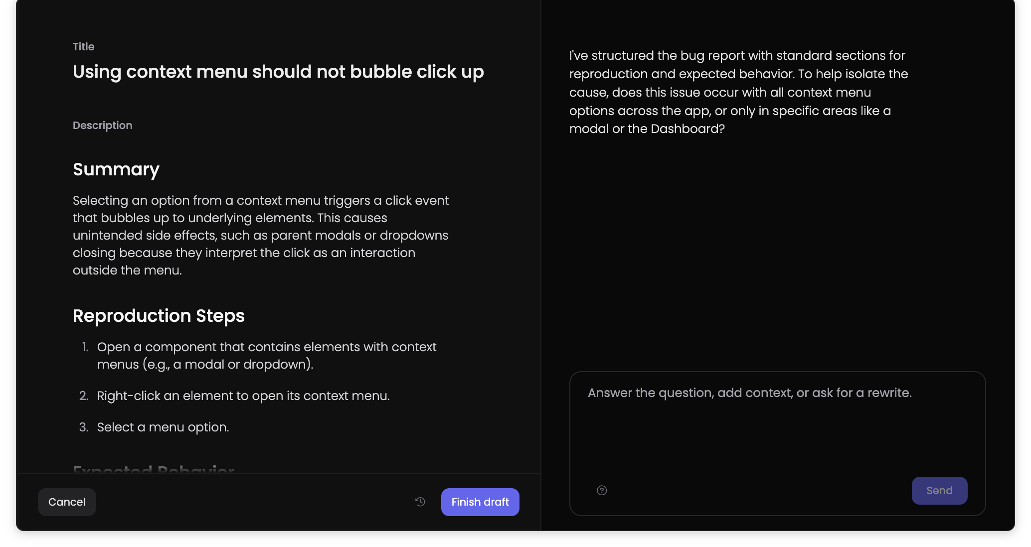 Issue detail attached while Copilot Chat stays in the editor flow